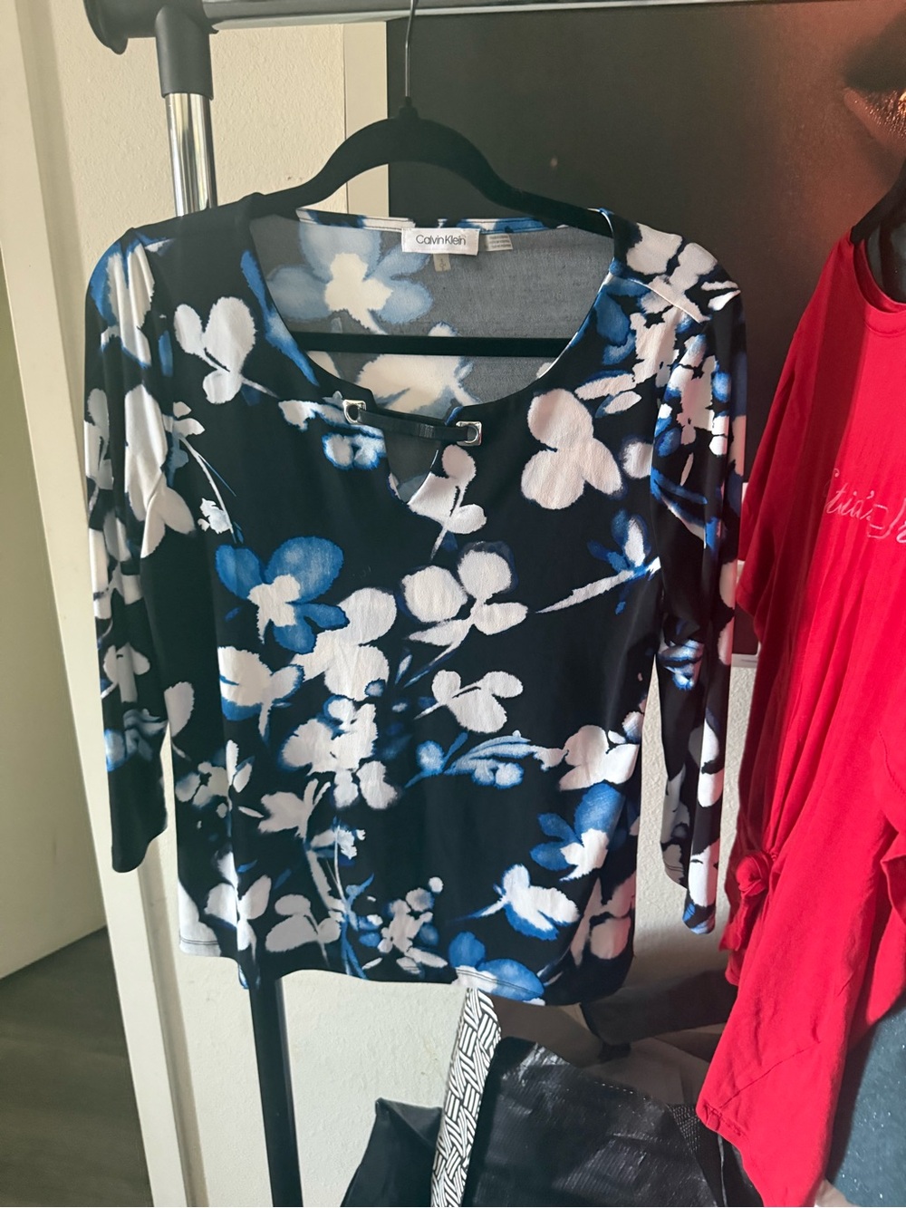 Calvin Klein Black Floral-Print Long Sleeve Top with Blue and White Accents
